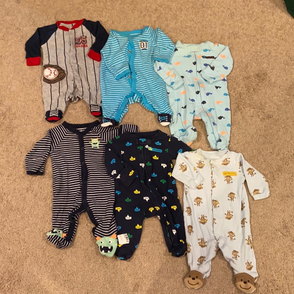 Bundle of 6 newborn boy footed onsies